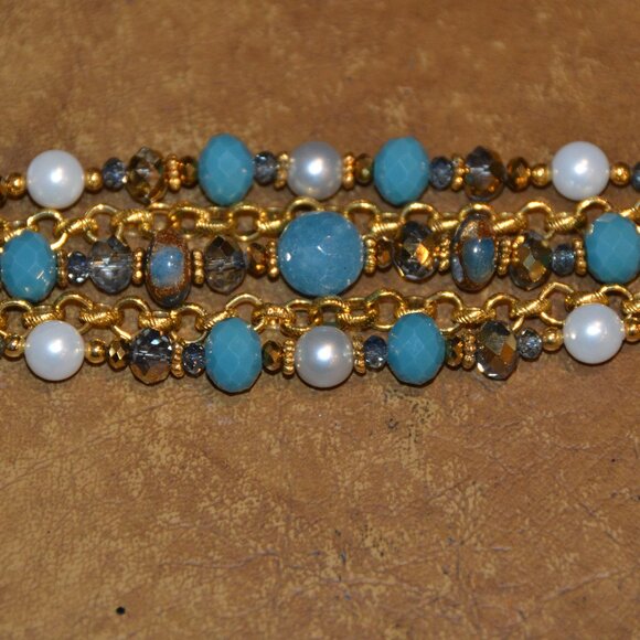 RARE VINTAGE JOSE & MARIA BARRERA TURQUOISE CRYSTAL PEARL GOLD STRAND BRACELET - Picture 6 of 11